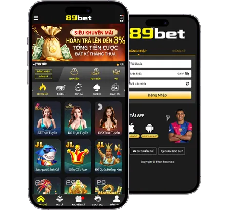 Minh họa xổ số trực tuyến với màn hình điện thoại hiển thị các con số và logo 89bet2 App